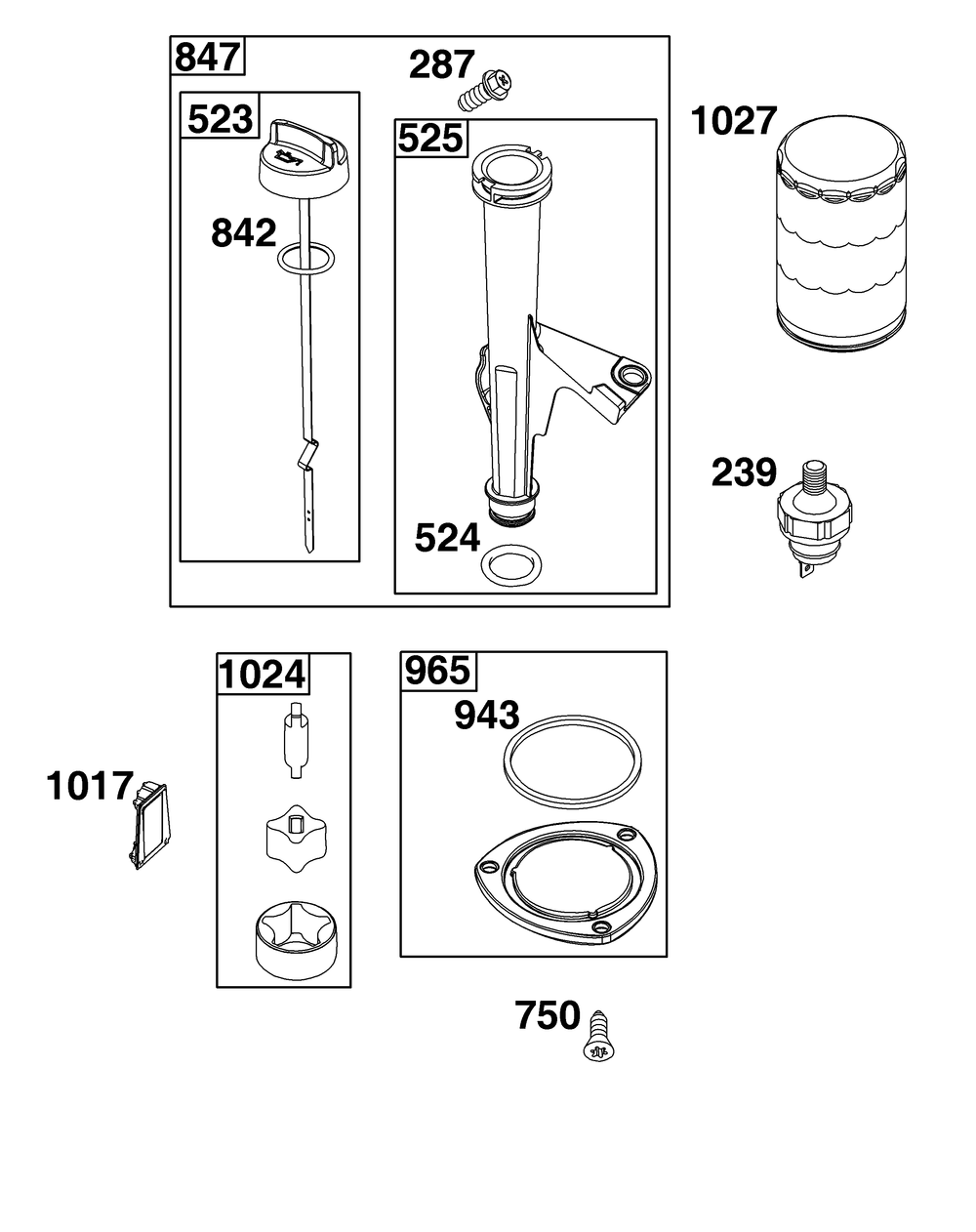 Lubrication Group Diagram and Parts List for 44U877-0012-B5 400000 - 699999 Briggs and Stratton Engine